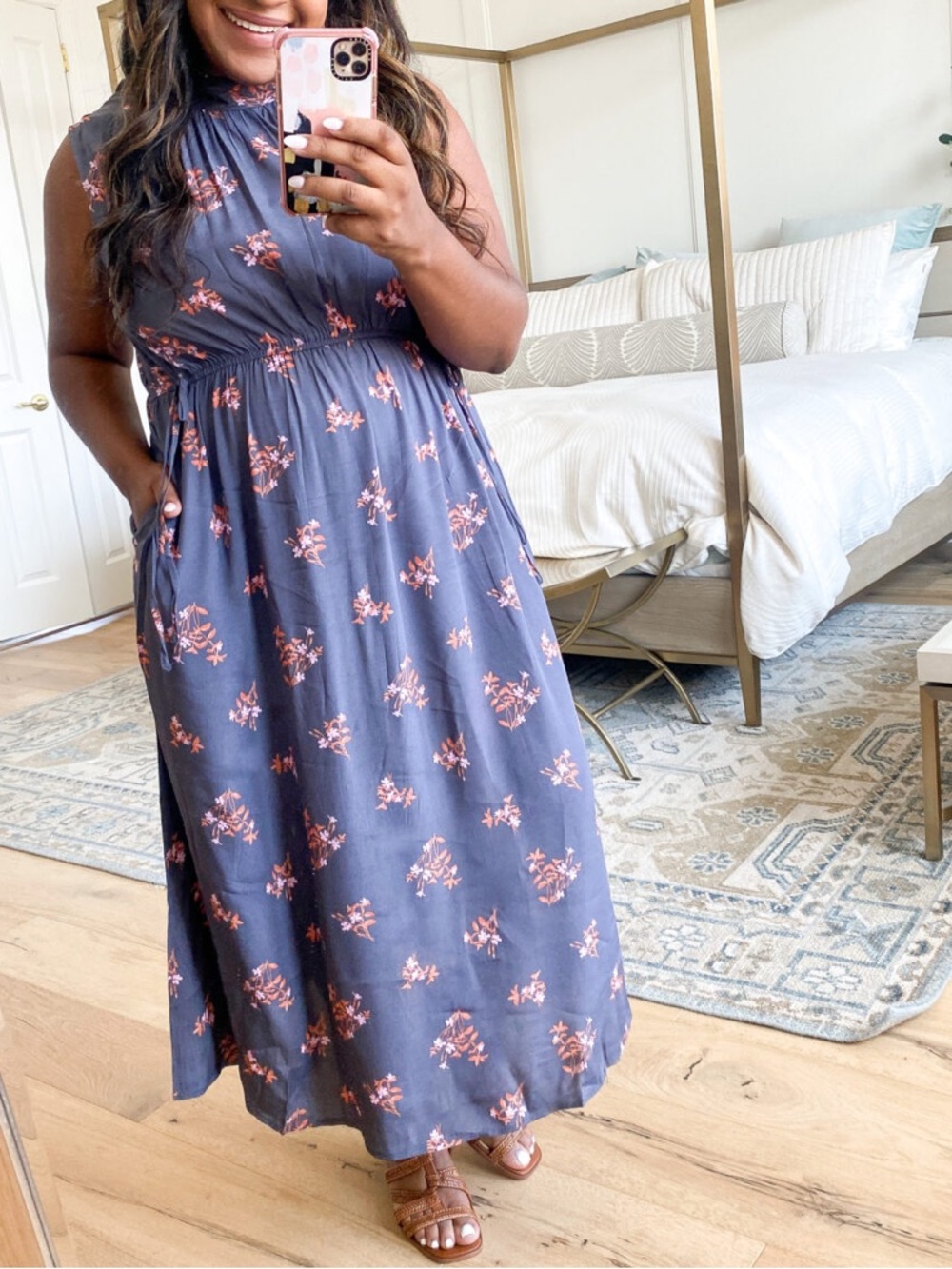 A New Day Floral Sleeveless Mock Neck Midi Dress Charcoal‎ Gray Pink Orange L